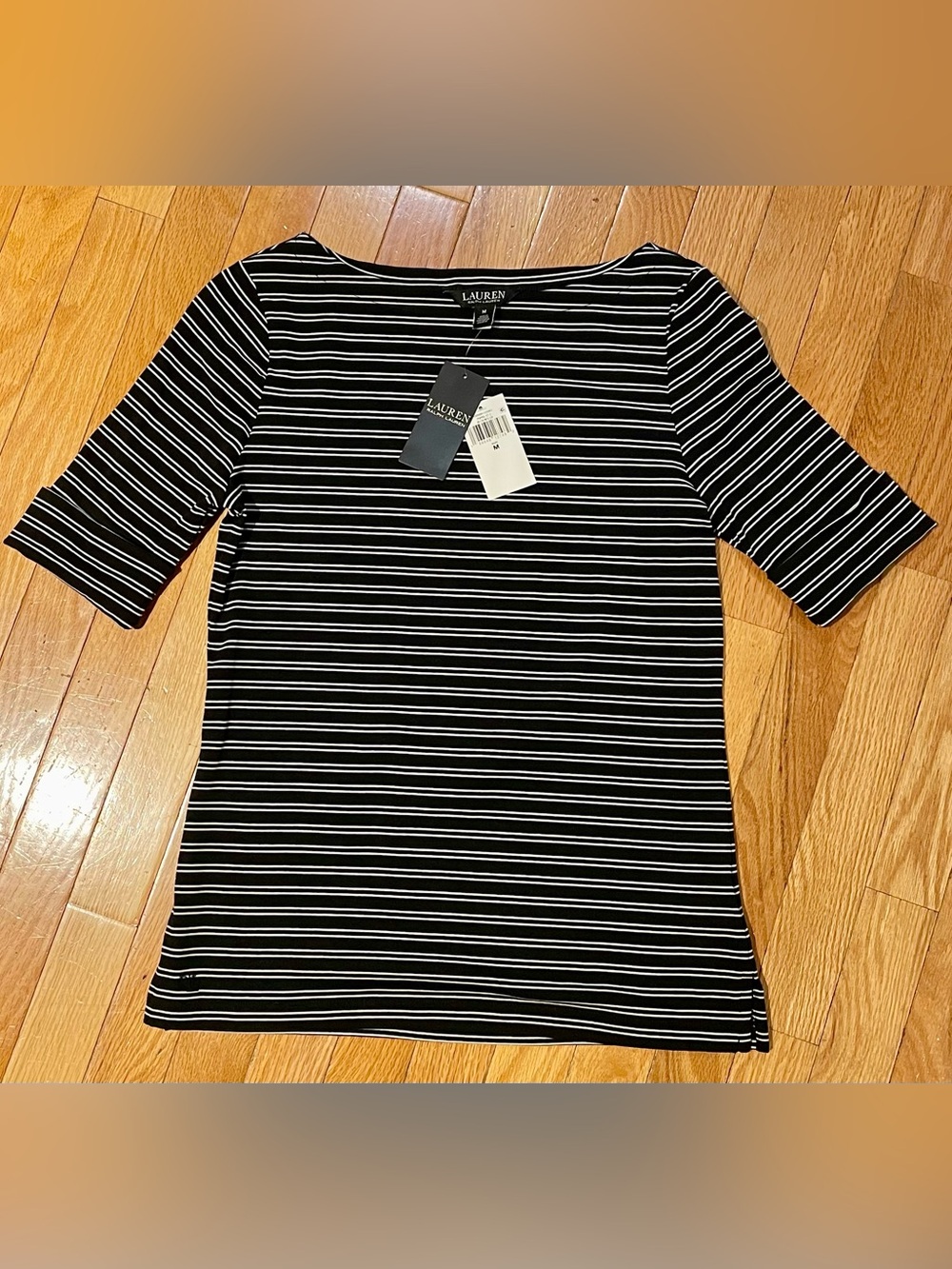 Lauren Ralph Lauren Black & White Striped Boatneck Elbow Sleeve Top